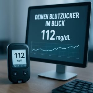 Ein Blutzuckermessgerät zeigt 112 mg/dL, während der Bildschirm