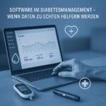 Eine Hand bedient einen Laptop, der Blutzucker- und Glukosedaten im Diabetesmanagement anzeigt. | © GlucoseCode