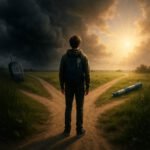 Ein junger Mensch steht an einem Wegkreuz in einer dramatischen Landschaft, umgeben von Diabetes-Technologie. | © Name