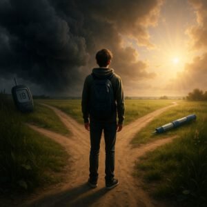 Ein junger Mensch steht an einem Wegkreuz in einer dramatischen Landschaft, umgeben von Diabetes-Technologie. | © Name