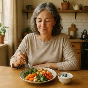 Eine Frau genießt eine gesunde Mahlzeit mit Gemüse, ideal für Blutzucker-Management und Ernährungstipps bei Diabetes. | © GlucoseCode