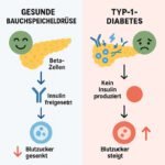 Vergleich zwischen gesunder Bauchspeicheldrüse und Typ-1-Diabetes, mit Fokus auf Blutzuckerregulation. | © GlucoseCode