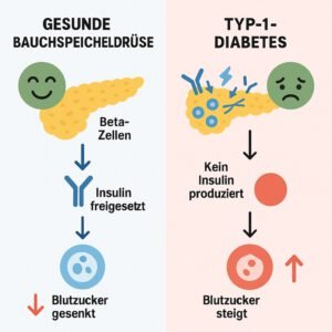 Vergleich zwischen gesunder Bauchspeicheldrüse und Typ-1-Diabetes, mit Fokus auf Blutzuckerregulation. | © GlucoseCode