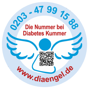 Ein Aufkleber informiert über Unterstützung bei Diabetes-Kummer mit Kontaktinformationen und einem QR-Code. | © diaengel.de