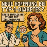 Ein Arzt zeigt stolz eine Spritze, während eine Frau mit Glukosewerten lächelt, die durch Zelltherapie-Erfolg verbessert wurden.