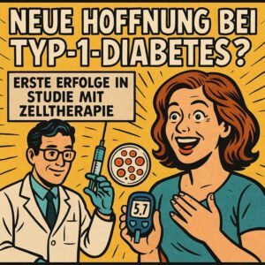 Ein Arzt zeigt stolz eine Spritze, während eine Frau mit Glukosewerten lächelt, die durch Zelltherapie-Erfolg verbessert wurden.