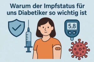 Eine Person mit einem Pflaster am Arm steht neben einem Blutzuckermessgerät und thematisiert den Impfstatus bei Diabetes.