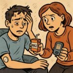 Eine besorgte Person hilft einem Diabetiker mit einer Saftpackung und einem Blutzuckermessgerät zur Kontrolle des Zuckers.