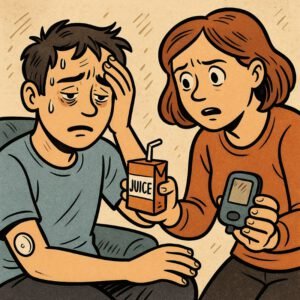 Eine besorgte Person hilft einem Diabetiker mit einer Saftpackung und einem Blutzuckermessgerät zur Kontrolle des Zuckers.