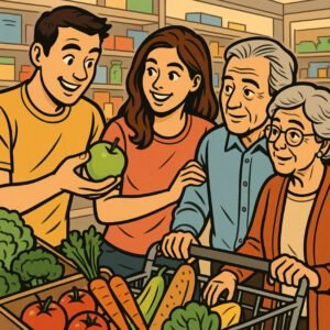 Eine Familie wählt frisches Gemüse und Obst aus, um den Blutzucker bei Diabetes zu kontrollieren. | © Freestyle