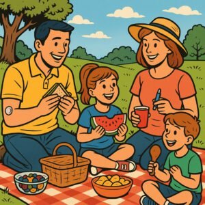 Familie genieĂt ein Picknick im Freien, wĂ€hrend Blutzucker mit CGM-Technologie ĂŒberwacht wird. | © Freestyle
