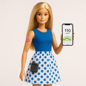 Diabetes-Awareness-Barbie zeigt stolz ihren CGM und überwacht den Blutzucker auf ihrem Smartphone. | © Name