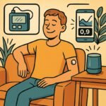 Ein Mann sitzt entspannt auf einem Sofa und überwacht seinen Blutzucker mit einem CGM-Gerät. | © Name