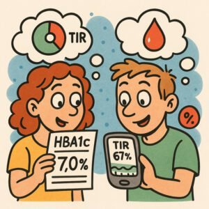 Ein Junge und ein Mädchen vergleichen ihre HbA1c- und TIR-Werte zur Blutzuckerüberwachung mit CGM-Geräten.