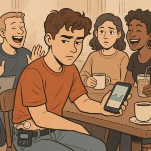 Ein junger Mann in einem Café prüft besorgt seinen Blutzuckerwert auf dem Smartphone, während Freunde lachen. | © Name