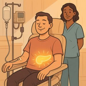 Ein Patient erhält Zelltherapie zur Diabetesbehandlung, während eine Fachkraft im Hintergrund assistiert. | © Name