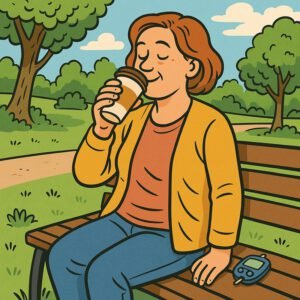 Eine Frau genießt ihren Kaffee auf einer Bank, während sie auf ihr CGM-Gerät für Blutzuckerwerte schaut. | © GlucoseCode
