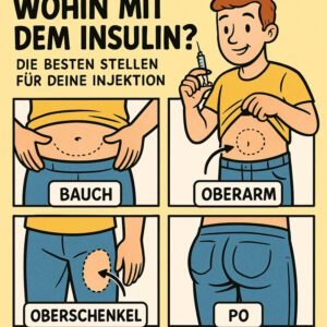 Diagramm zeigt optimale Injektionsstellen für Insulin: Bauch, Oberarm, Oberschenkel und Po | © GlucoseCode
