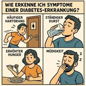 Symptome von Diabetes erkennen: häufiges Wasserlassen, ständiger Durst, erhöhter Hunger und Müdigkeit. | © GlucoseCode