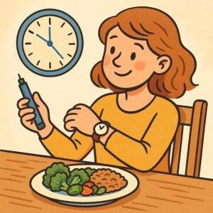 Ein Mädchen misst mit einem CGM-Gerät ihren Blutzucker vor dem Essen mit gesunden Lebensmitteln. | © SEA