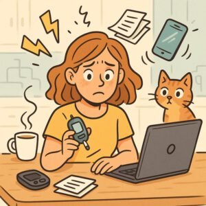 Eine besorgte Person prüft ihren Blutzucker am Laptop, während Papiere und ein Smartphone um sie herumwirbeln. | © Name