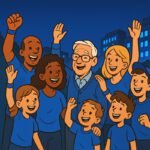 Eine Gruppe fröhlicher Menschen in blauen Shirts feiert Diabetes Awareness und hebt die Hände in die Luft. | © Name