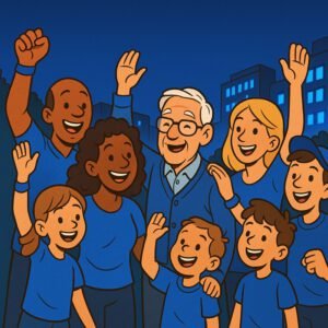 Eine Gruppe fröhlicher Menschen in blauen Shirts feiert Diabetes Awareness und hebt die Hände in die Luft. | © Name