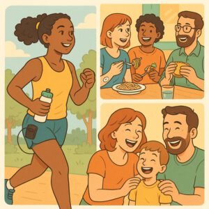 Eine aktive Frau joggt mit einem CGM-Gerät, während Freunde zusammen essen und lachen, um Diabetes positiv zu begegnen. | © Name