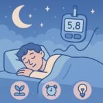 Ein schlafender Mann überwacht seinen Blutzucker mit einem CGM-Gerät, während der Mond am Himmel leuchtet. | © Name
