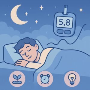 Ein schlafender Mann überwacht seinen Blutzucker mit einem CGM-Gerät, während der Mond am Himmel leuchtet. | © Name