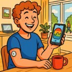 Ein glücklicher Junge überprüft mit seinem Smartphone den Blutzuckerwert mithilfe von Eversense-CGM. | © Name