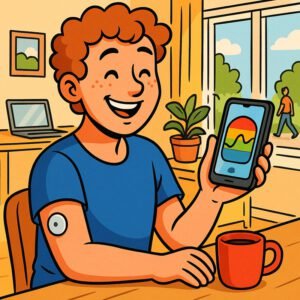 Ein glücklicher Junge überprüft mit seinem Smartphone den Blutzuckerwert mithilfe von Eversense-CGM. | © Name