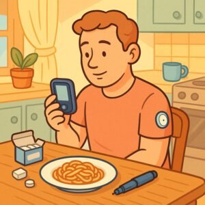 Ein junger Mann überprüft seinen Blutzucker mit einem CGM-Gerät vor einem Teller Pasta | © Name