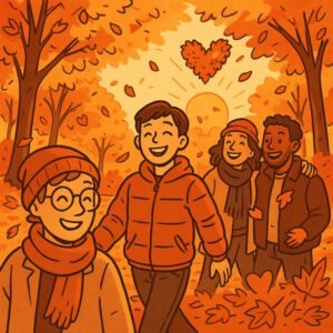 Freunde genießen einen herbstlichen Tag im Park, während sie über Diabetes und Blutzucker sprechen. | © Name