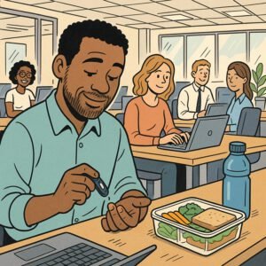Ein Mann misst seinen Blutzucker im Büro, während Kollegen am Laptop arbeiten und gesunde Snacks auf dem Tisch stehen. | © Name