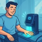Ein Mann nutzt ein modernes CGM-Gerät zur Blutzuckermessung, das die Zukunftsmedizin für Diabetes repräsentiert. | © Name
