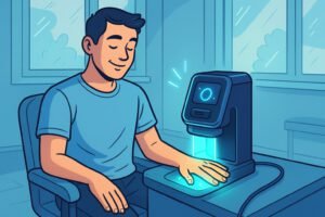 Ein Mann nutzt ein modernes CGM-Gerät zur Blutzuckermessung, das die Zukunftsmedizin für Diabetes repräsentiert. | © Name