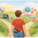 Ein Junge steht an einer Weggabelung, umgeben von Diabetes-Technologie und Optionen zur Blutzuckerkontrolle. | © Name