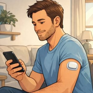 Ein Mann prüft mit seinem Smartphone die Blutzuckerwerte über ein CGM-Gerät am Arm, unterstützt durch neue Insulin-Pumpen.