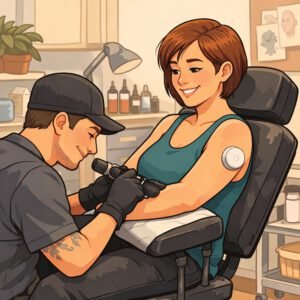Eine Frau bekommt ein Tattoo, während sie ein CGM-Gerät zur Blutzuckermessung trägt | © Name