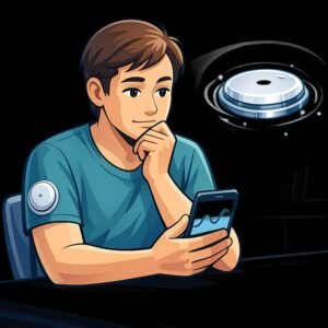 Ein Junge schaut auf sein Handy, während er den Dexcom CGM zur Blutzuckermessung trägt. | © Name