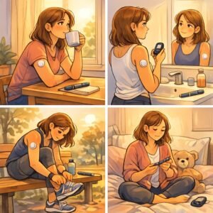 Eine Frau mit CGM überprüft ihren Blutzucker, während sie in verschiedenen Alltagssituationen den Umgang mit Diabetes meistert. | © Name