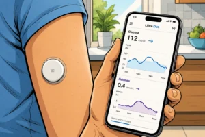 Ein Handgelenk mit einem Freestyle-Duo-Sensor zeigt Glukose- und Ketonwerte auf einem Smartphone zur Diabetesüberwachung.
