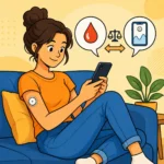 Eine Frau prüft ihren Blutzucker mit einem CGM-Gerät und Smartphone, während sie entspannt auf einem Sofa sitzt.