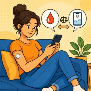 Eine Frau prüft ihren Blutzucker mit einem CGM-Gerät und Smartphone, während sie entspannt auf einem Sofa sitzt.