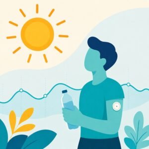 Ein Mann hält eine Wasserflasche und beobachtet seinen Blutzucker mit einem CGM-System unter der Sonne.