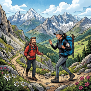 Zwei Wanderer genießen die Natur, während sie ihren Blutzucker im Blick behalten, dank moderner Diabetes-Technologie.