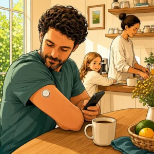 Ein Mann mit CGM überwacht seinen Blutzucker, während seine Familie in der Küche beschäftigt ist. | © Glucosecode.de
